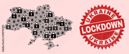 Vector Covid lockdown collage Ukraine map and rubber seal. Lockdown red seal uses sharp rosette shape. Mosaic Ukraine map is constructed from Covid, and locked symbols.
