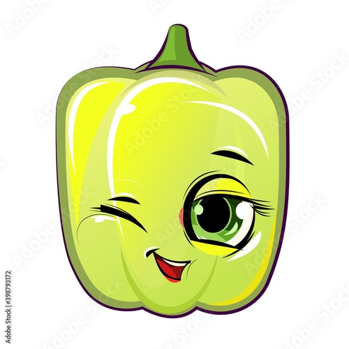 Bell pepper  cheerful smile. Juicy red vegetable with a muzzle. Cartoon style. Isolated over white background. Vector illustration. Winks.