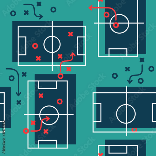 Seamless vector pattern of soccer field with tactical scheme, strategy markings. Ideal for fabric and paper prints. Sports, cup.