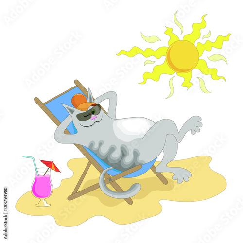 happy cat basking in the sun on a sandy beach in a sun lounger