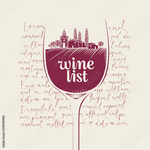 Wine list for restaurant or cafe menu with a rural landscape of vineyards and village inside a wine glass. Vector illustration in retro style on the background of handwritten text lorem ipsum