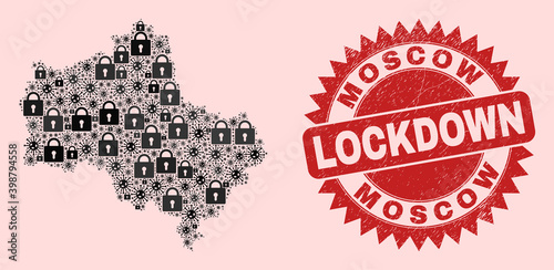 Vector pandemic lockdown mosaic Moscow Region map and grunge stamp imitation. Lockdown red stamp seal uses sharp rosette shape. Mosaic Moscow Region map is designed from Covid-2019, and lock icons.