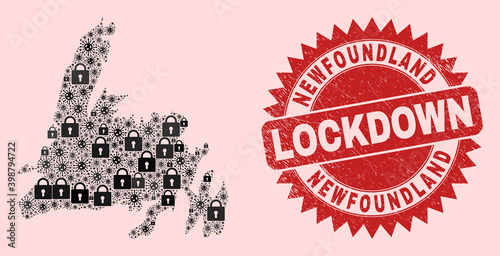 Vector Covid lockdown collage Newfoundland Island map and textured stamp imitation. Lockdown red stamp uses sharp rosette form. Collage Newfoundland Island map is organized with covid- 2019 virus,