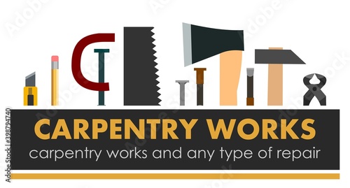 Carpentry works. Any type of repair. Logo of handyman services. Carpenter. Hand tools of universal workshop. Home repair service. Woodworking carpentry shop. Foreman of woodworks. Isolated.