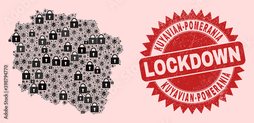 Vector coronavirus lockdown collage Kuyavian-Pomeranian Voivodeship map and textured seal. Lockdown red stamp uses sharp rosette form. Collage Kuyavian-Pomeranian Voivodeship map is composed of virus,