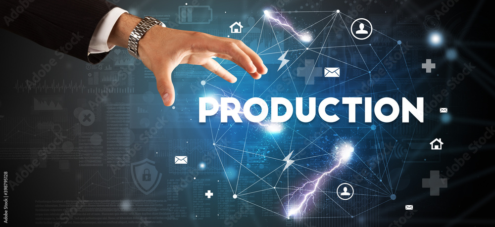 Hand pointing at PRODUCTION inscription, modern technology concept Hand pointing at PRODUCTION inscription, modern technology concept