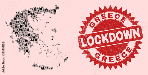 Vector Covid-2019 lockdown collage Greece map and unclean stamp seal. Lockdown red stamp seal uses sharp rosette shape. Mosaic Greece map is designed with flu virus, and lock items.