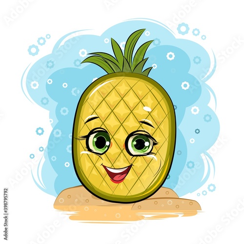 Pineapple cheerful smile. Juicy red fruit with a muzzle. Cartoon style. Isolated over white background. Vector illustration. Bright summer composition.