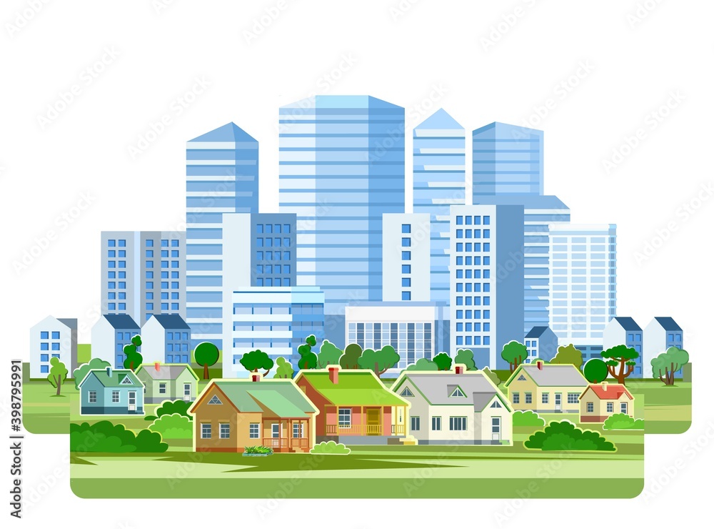 A village in the suburbs of a big city. Cityscape. High-rise buildings, skyscrapers and high-rise buildings. Green park area. Flat style. Isolated on white background. Vector
