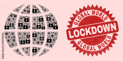 Vector coronavirus lockdown collage planet globe and scratched seal. Lockdown red watermark uses sharp rosette shape. Collage planet globe is organized from corona virus, and lock items.