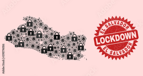 Vector Covid-2019 lockdown mosaic El Salvador map and rubber seal. Lockdown red stamp seal uses sharp rosette form. Collage El Salvador map is created from Covid-2019, and lock items.