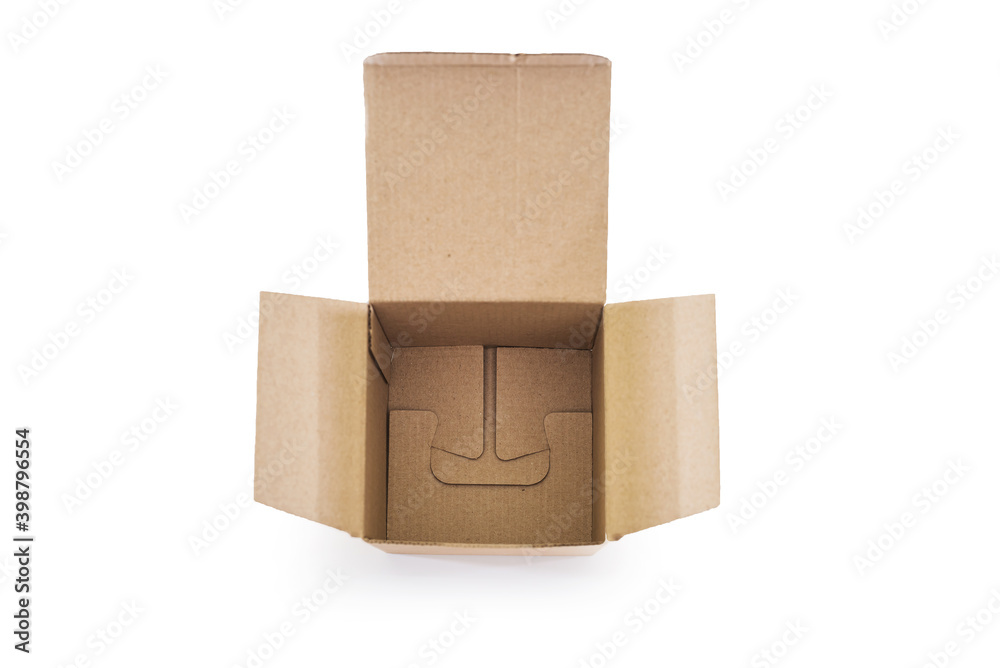 Obraz premium Open cardboard box on white background.