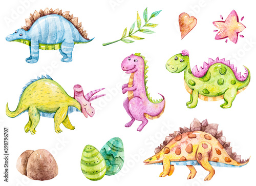Watercolor cute dinosaurs clipart set.Cartoon nursery illustration isolated on a white background. Hand painted illustration for sticker, pattern, baby shower, birthday invitation, poster, sublimation © Tiana_Geo
