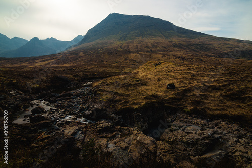 Panoramic landscape view of the Fairy Pools, Isle of Skye, The Highlands, Scotland, UK, in a sunny day
