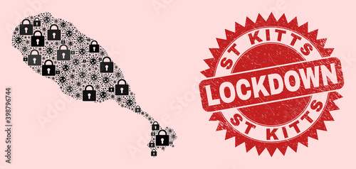 Vector Covid-2019 lockdown composition St Kitts Island map and rubber stamp print. Lockdown red stamp seal uses sharp rosette shape. Collage St Kitts Island map is made of infection, and lock symbols.