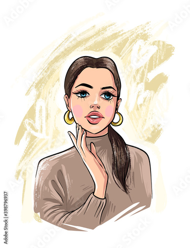 Hand drawn beautiful young woman. Fashion woman look. Sketch.Vector illustration EPS 10