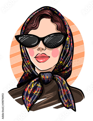 Hand drawn beautiful young woman. Fashion woman look. The girl in the headscarf. Sketch.Vector illustration EPS 10