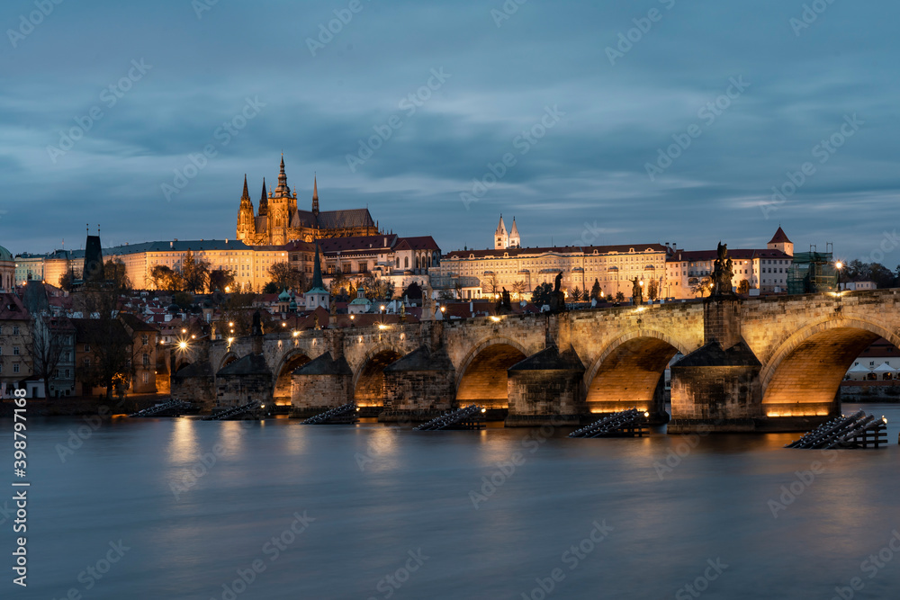 Prague Castle and St. Vitus Cathedral and Charles Bridge on the Vltava River and on the banks