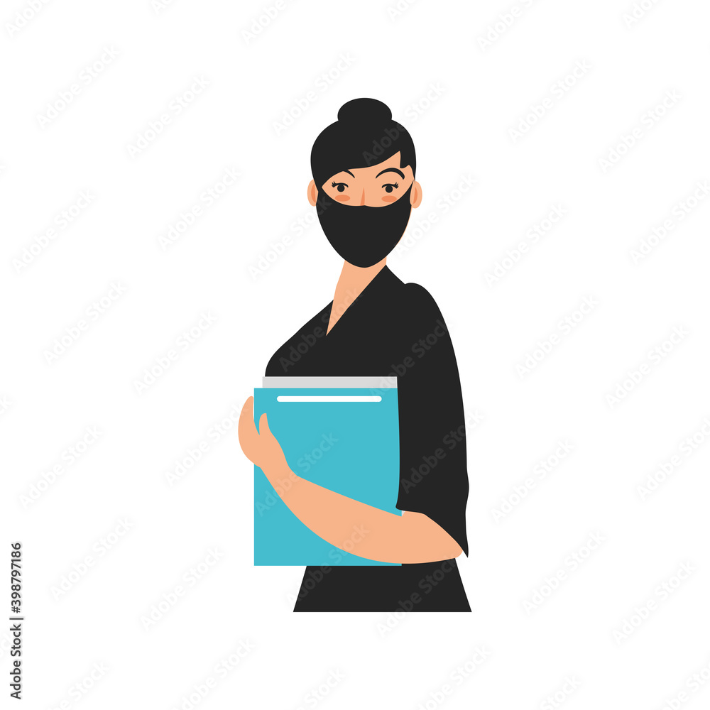 business woman with face mask and clipboard