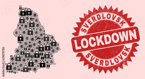 Vector Covid-2019 lockdown collage Sverdlovsk Region map and grunge stamp imitation. Lockdown red stamp seal uses sharp rosette form. Collage Sverdlovsk Region map is created of covid, and lock items.