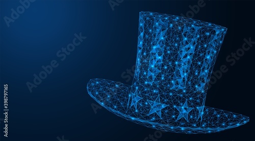 Uncle Sam's hat. The day of the President of the United States. Polygonal construction of concatenated lines and points. Blue background.