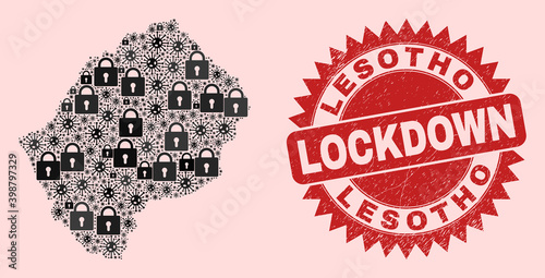Vector Covid-2019 lockdown mosaic Lesotho map and corroded stamp seal. Lockdown red stamp uses sharp rosette shape. Collage Lesotho map is designed with Covid, and lock items.