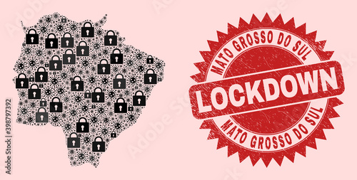 Vector Viral lockdown mosaic Mato Grosso do Sul State map and unclean stamp print. Lockdown red imprint uses sharp rosette form. Mosaic Mato Grosso do Sul State map is organized of viral,