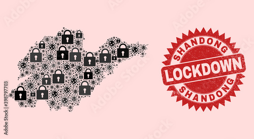 Vector Covid-2019 lockdown collage Shandong Province map and textured stamp seal. Lockdown red watermark uses sharp rosette shape. Collage Shandong Province map is formed of covid- 2019 virus,
