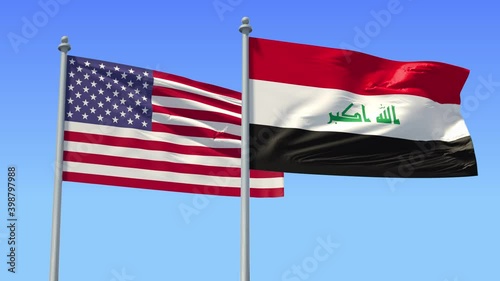 Iraq and USA flag on flagpole excellent quality. Republic of Iraq and The United States of America waving flag in wind. Endless Animation. LOOP CYCLE Animation.
