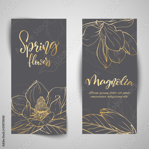 Floral baners. Hand drawn vector botanical illustration. Template greeting card, wedding invitation banner with spring flowers. Sketch linear magnolia blossom.Engraved style illustration.