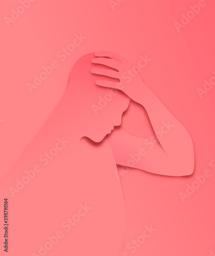 Papercut man holding head on isolated red color background. Paper cut illustration for psychology concept or headache pain. Sad person with depression, disappointed, stressed character.