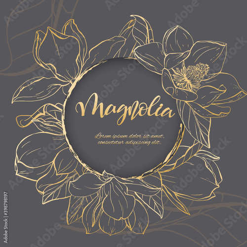 Floral background. Hand drawn vector botanical illustration. Template greeting card, wedding invitation banner with spring flowers. Sketch linear magnolia blossom.Engraved style illustration.