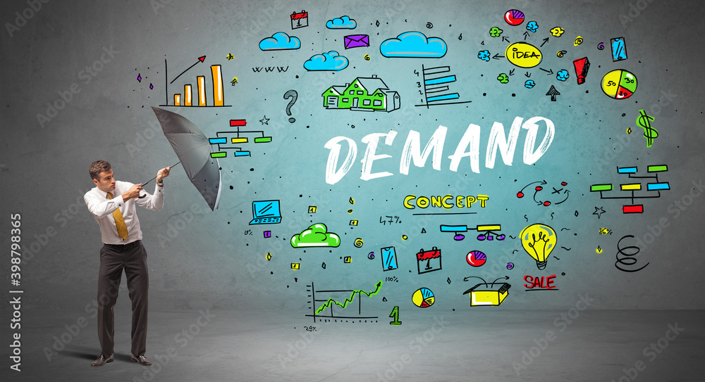 Determined businessman hiding behind umbrella with DEMAND inscription, new business concept Determined businessman hiding behind umbrella with DEMAND inscription, new business concept
