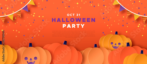 Halloween party template, cute paper cut pumpkin patch with funny smiling faces for children celebration or happy online event. Autumn season holiday invitation design.