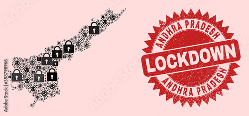 Vector Covid lockdown combination Andhra Pradesh State map and unclean stamp seal. Lockdown red stamp seal uses sharp rosette shape. Collage Andhra Pradesh State map is designed with Covid-2019,