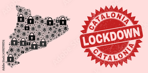 Vector Covid-2019 lockdown collage Catalonia map and rubber stamp seal. Lockdown red stamp uses sharp rosette shape. Mosaic Catalonia map is made of Covid-2019, and lock symbols.