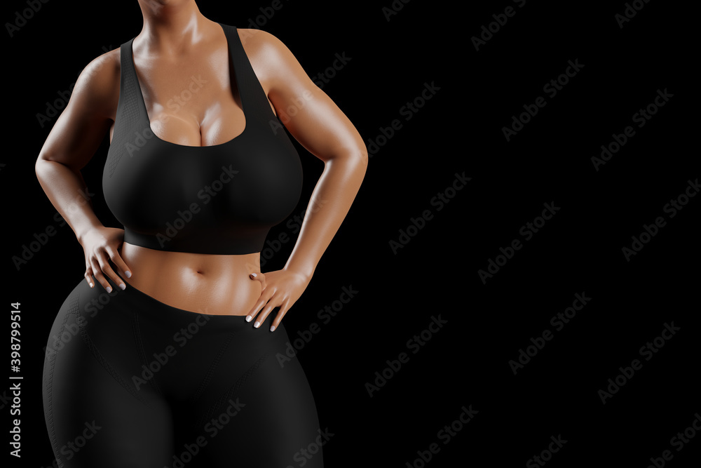 Naklejka premium Young slim woman with big breasts in black sportswear