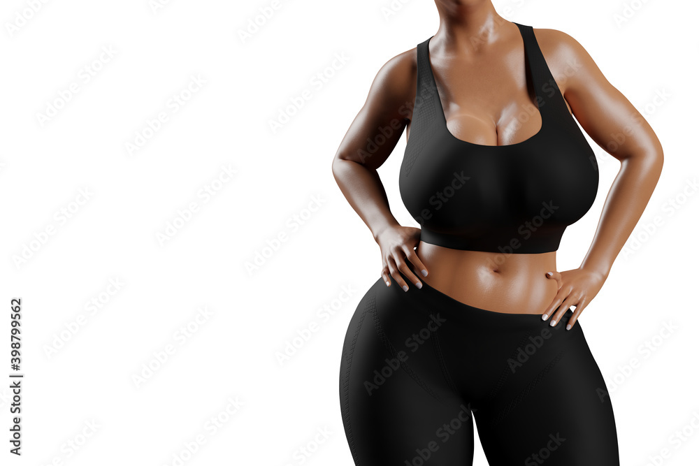 © PixlMakr - Young slim woman with big breasts in black sportswear