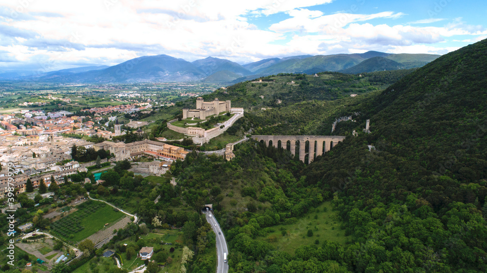 Ponte delle Torri and Rocca Albornoziana in Spoleto, aerial photography with drone, panorama of the city and typical medieval buildings