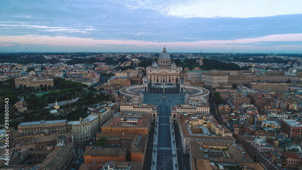 
Aerial photography with drone over Rome, the photo was taken at dawn, with St. Peter's Basilica in the foreground, Vatican