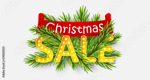 Christmas sale banner for advertising. Yellow frame, carcaas and golden bulbs, gold lamps with tree branches and red paper ribbon. Vector Illustration for poster, postcard, cards, decor, design, arts.