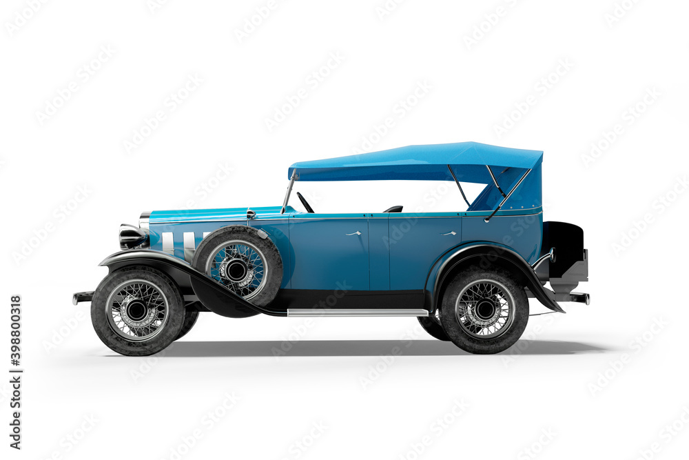 Classic retro car blue isolated side view 3D rendering on white background with shadow