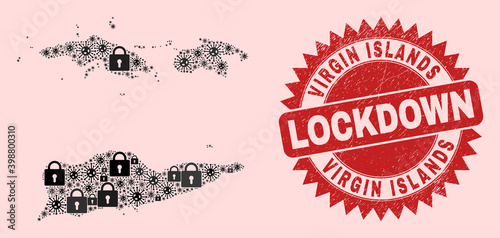 Vector coronavirus lockdown composition American Virgin Islands map and scratched stamp seal. Lockdown red stamp uses sharp rosette form. Collage American Virgin Islands map is created with virus,