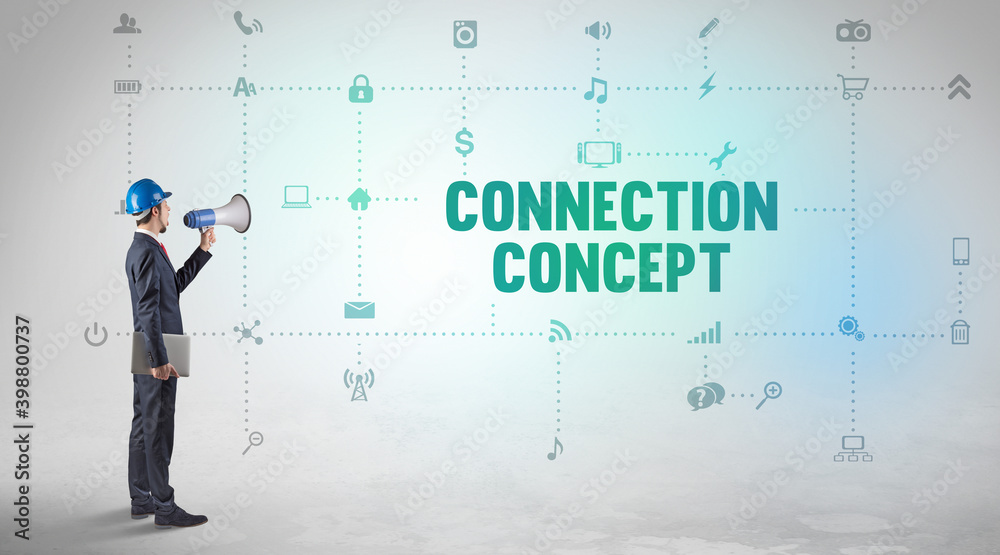 Engineer working on a new social media platform with CONNECTION CONCEPT inscription concept Engineer working on a new social media platform with CONNECTION CONCEPT inscription concept