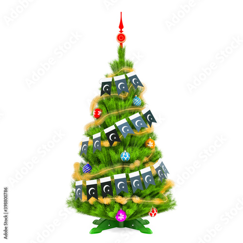 Christmas tree with Pakistani Xmas pennant flags, 3D rendering