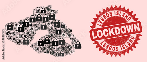Vector pandemic lockdown collage Lesbos Island map and unclean stamp imitation. Lockdown red stamp seal uses sharp rosette form. Collage Lesbos Island map is constructed of coronavirus,