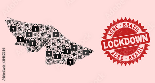 Vector Covid-2019 lockdown mosaic Acre State map and rubber seal. Lockdown red imprint uses sharp rosette shape. Mosaic Acre State map is created with Covid, and lock symbols.