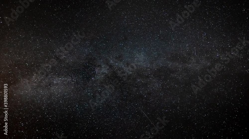 A meteorite explodes into stardust during a timelapse of a meteor shower with the Milky Way galaxy in the background.
