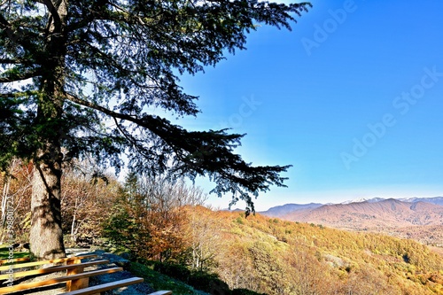 Panorama of mountain peaks to the horizon, covered with mixed forest, with a village on the slopes