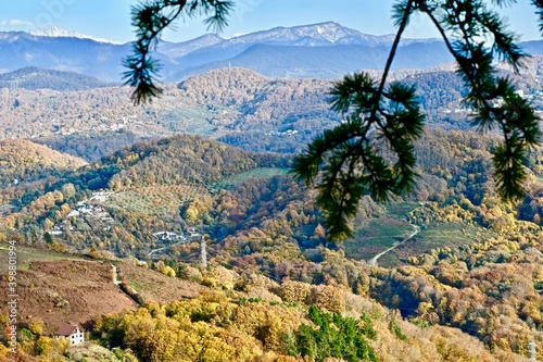Panorama of mountain peaks to the horizon, covered with mixed forest, with a village on the slopes